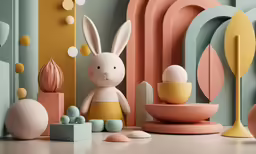 there is a small toy rabbit sitting in a room with other toys