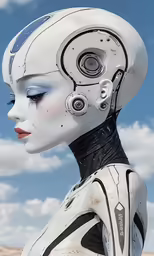 a female robot looking away against the sky