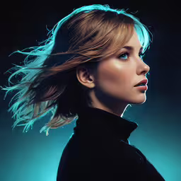 a young blonde woman looking towards the left with a flying hair,a girl with her hair blown back in the wind