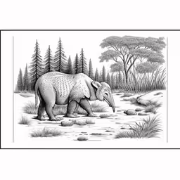 drawing of an elephant with trees in the background,an elephant walking through the middle of a forest