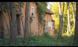 an old building and tree trunks are in front
