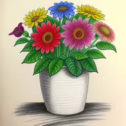 a vase with flowers inside and a purple bird below