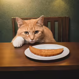 a cat is sitting at a table with his paws over a plate of food
