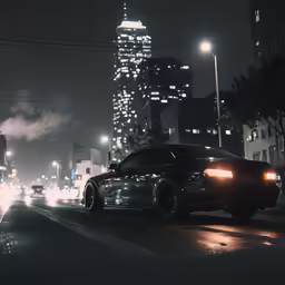 a black car driving down a city street at night