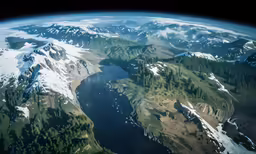 the sky view of a lake and the mountains