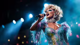 a person with a microphone on a stage,a person with feathers on her clothing and a microphone