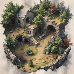 the village has many trees, rocks and stones