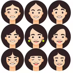 some cartoon faces of the same person,different types of girls and guys with different facial expressions