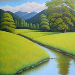 a painting with green grass, mountains and a stream,an art work with mountains and grass in the background,an impressionistic painting of a grass field and water,a painting of a peaceful landscape and stream,a painting depicting a peaceful landscape in the midst of mountains