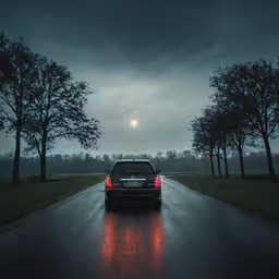 a car on the road with the sun in the sky