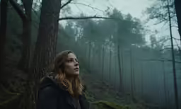 woman standing in the forest looking upward