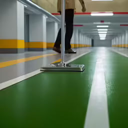 there is a man walking down the hallway on a roller