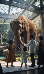 a group of people petting an elephant in a museum