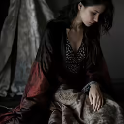 woman sitting on bed in front of curtains