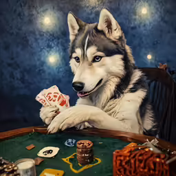 a husky dog sitting at a table playing poker