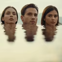two people and a dog sit in the water with a mountain in the background