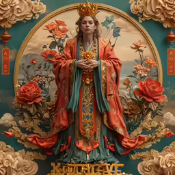 the statue of mary is surrounded by flowers and clouds