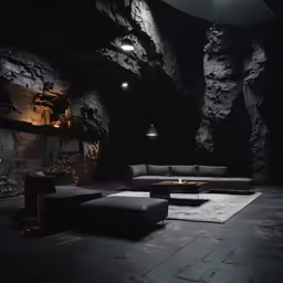 dark interior with black leather seating and stone fireplace