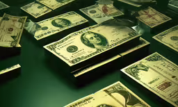 a pile of one dollar bills laying on top of each other,a bunch of cash sitting on top of each other