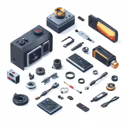cameras and other equipment arranged on white background