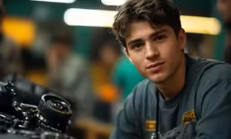 a young man sitting next to a camera