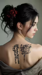 a woman with a tattoo on her back that says blossom