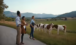 four women are standing on the side of a road while looking at cows