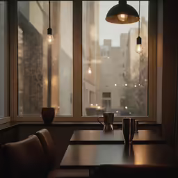 a restaurant table with two cups of coffee and some lights