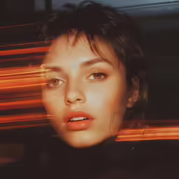 a woman with orange lipstick looking straight ahead