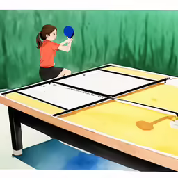 a drawing of a girl with a paddle, looking at a ping pong ball