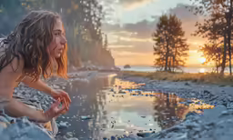 a man kneeling on the ground near a body of water at sunset