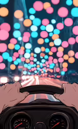 a person driving a car with bright lights in the background