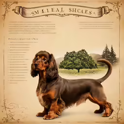 a brown and black puppy is standing in front of an old paper