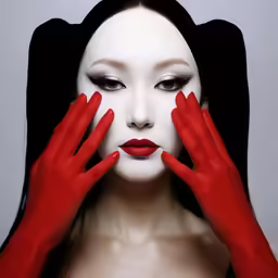 a close up of a woman with red make - up holding her hands up