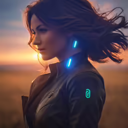 woman in black leather jacket holding neon lights behind her ear