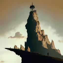a tall mountain with a tower sitting on top of it