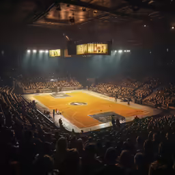 a night shot of a basketball court with lots of people watching