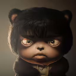 a very small stuffed bear with big eyes