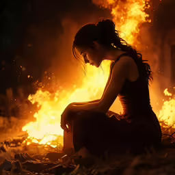 a young woman is sitting alone in front of fire