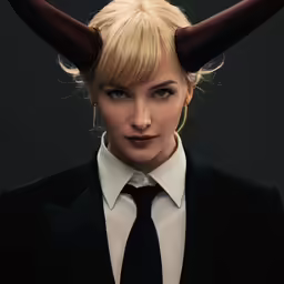 blonde woman wearing a black suit and dark horns