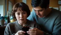 the man and woman are sharing a cup of coffee