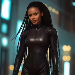 a beautiful black woman with a leather bodysuit and dreadlocks