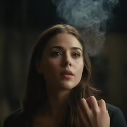 a woman with long brown hair is smoking a cigarette