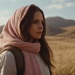 a woman wearing a pink scarf stands on the wheatfield