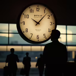 the silhouette of a man with luggage looking at a clock