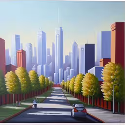 a painting of a city street with tall buildings,painting of city scene with cars driving on road,a painting of a large city skyline with a person on the road,a painting of a street lined with trees,an artist painting of a city street with a person walking by