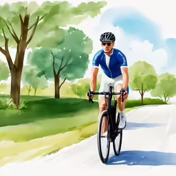 a man in a blue and white cycling suit on a road