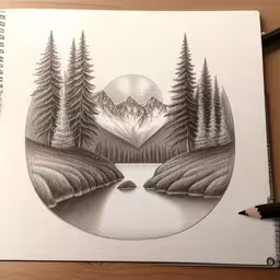 there is a drawing of trees by a lake