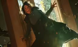 a man in the air as he leans over an open doorway