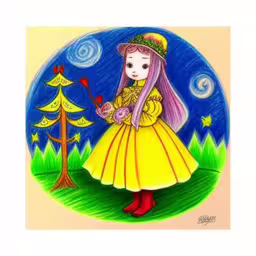 a drawing of a girl in yellow dress with long hair,a drawing of a little girl with a snowball in hand